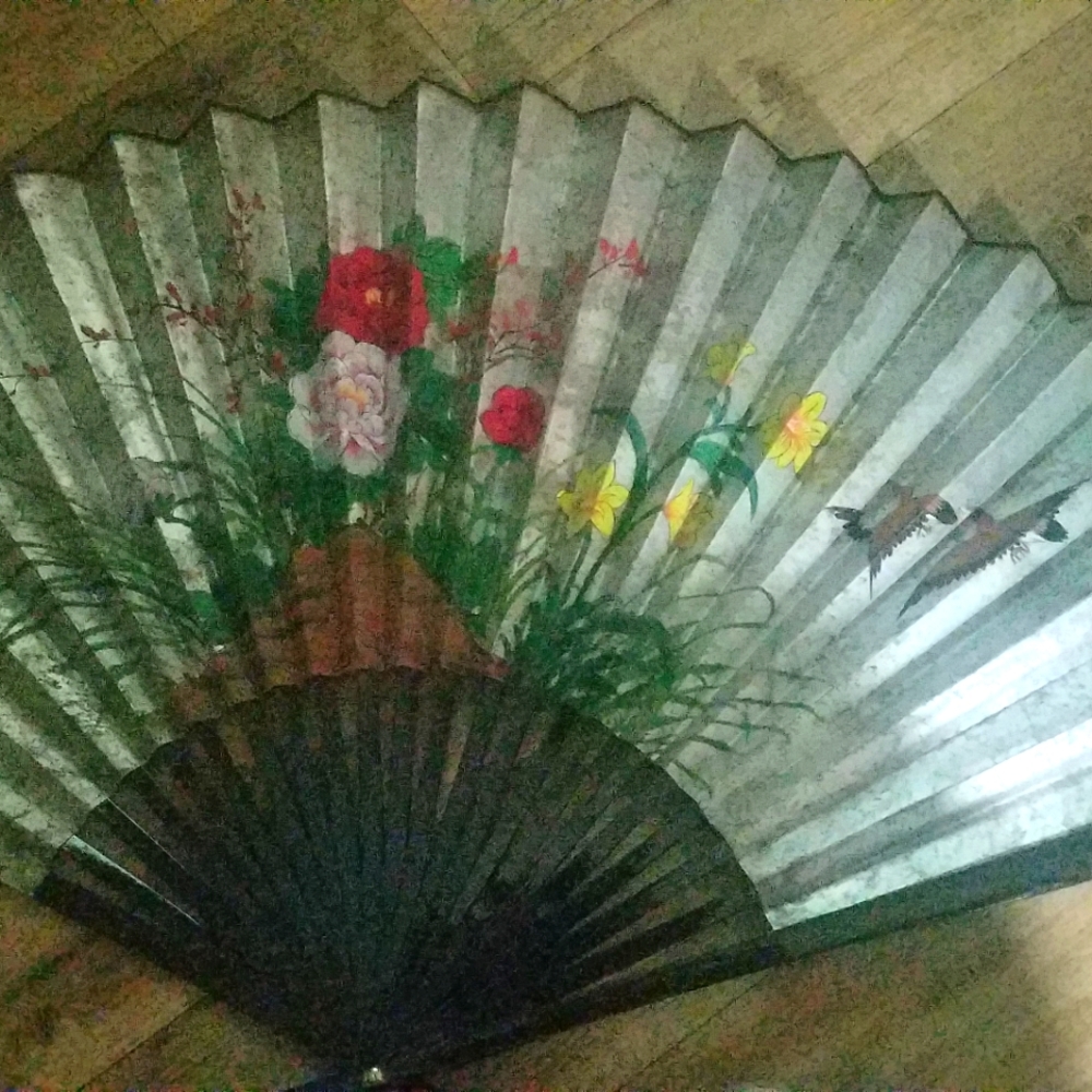 Giant hand painted vintage mid century wall fan original box.